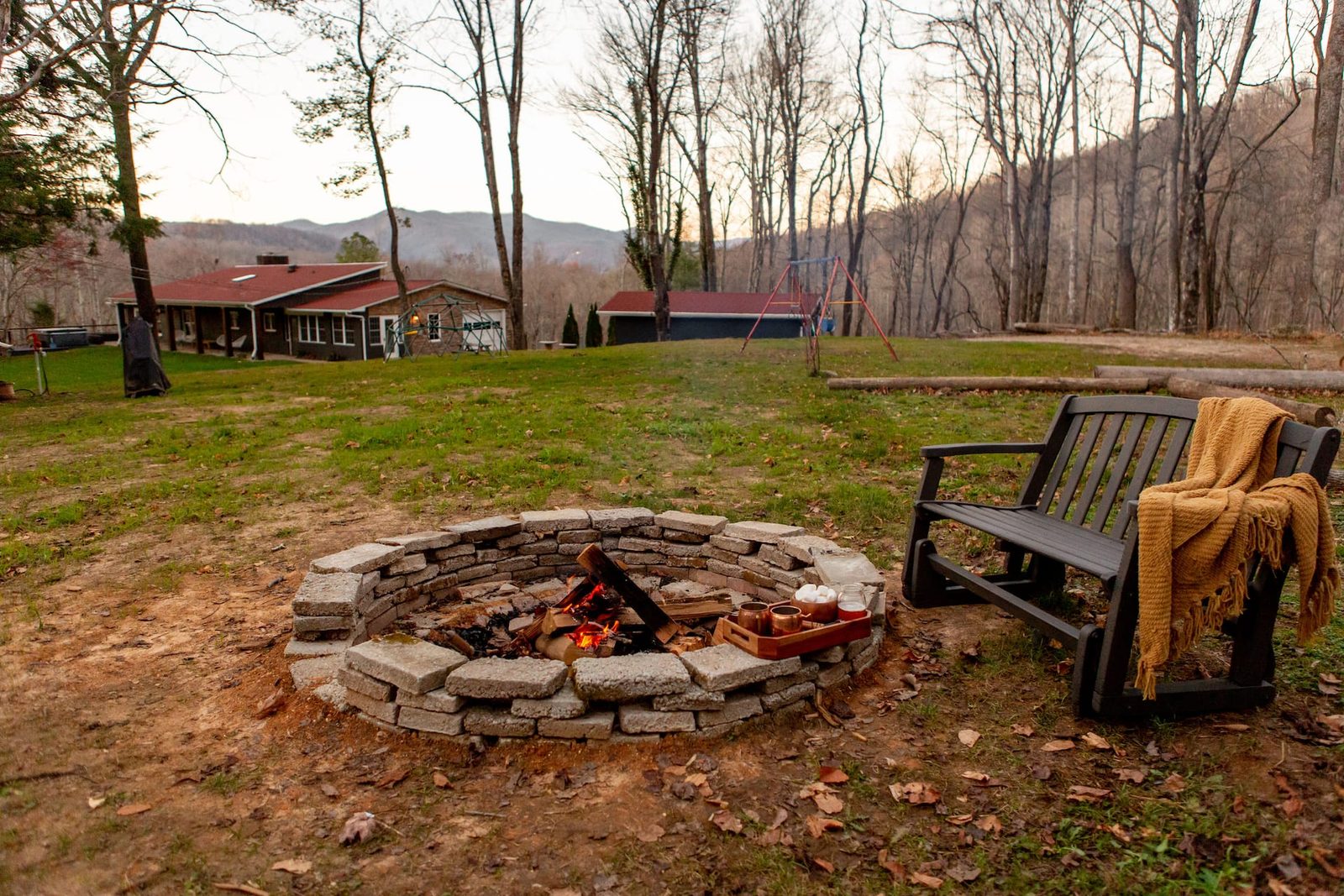 Fire pit and mountain views at Big Rock Falls